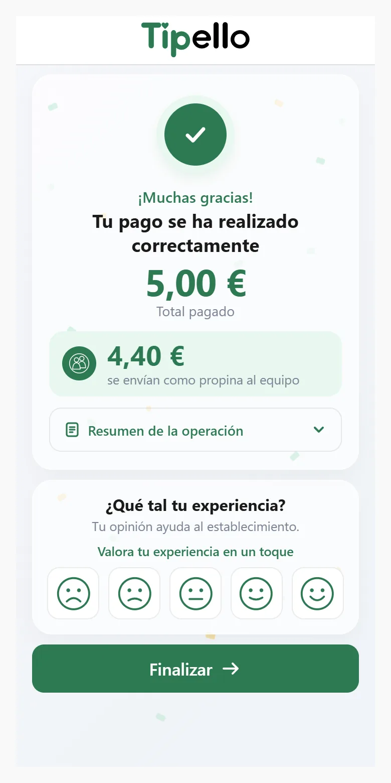 Pantalla final: pago de 5,00 € y 4,40 € que se envían como propina al equipo.