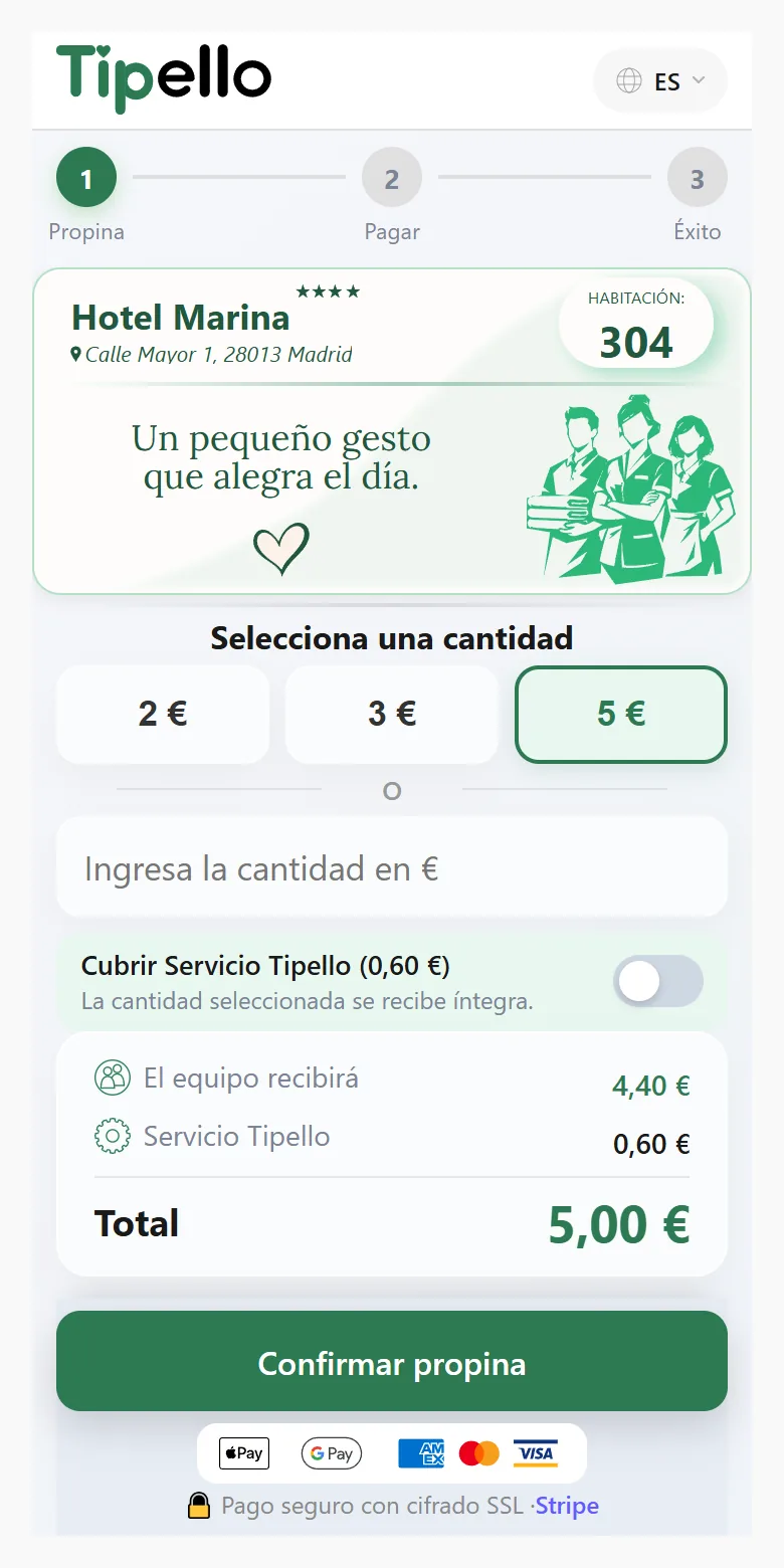 La pantalla que ve tu cliente: el nombre del negocio, la cantidad y el desglose de la propina.